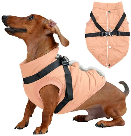 JoyDaog Hundejacke mit Geschirr, mit Fleece gefüttert, warmer Welpenmantel für den Winter, weich, winddicht, mittelgroße Hundeweste, Hellorange, Größe L