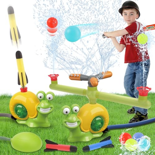 deAO Arroseur d'eau 4 en 1 pour Enfants : Baseball + Lancement de Fusée avec Arroseur à Vis sans Fin 360°, 3 Buses & 3 Fusées, Jouets Aquatiques d'été de Jardin, Piscine, Plage de 3 Ans+,Cadeau