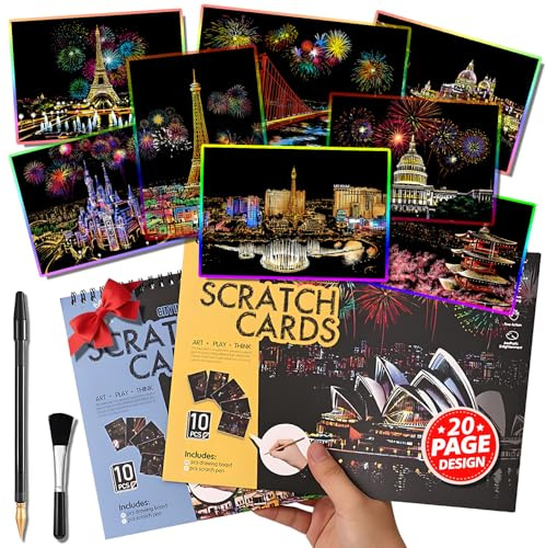 Livre d'art à gratter de 20 pages pour adultes et adolescents : kit de gravure paysage urbain avec monuments de voyage | Soulagement du stress, pleine conscience et activité artisanale de décoration