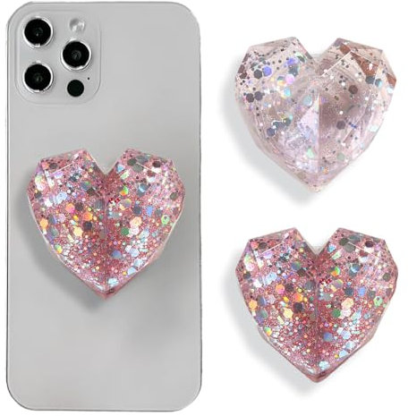 TOEECY 2 Piezas Soporte Corazón Geométrico Brillante Agarre Teléfono Móvil Expansor Plegable Sujetador Cristalino Adhesivo Celular