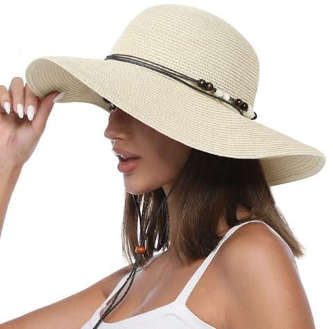 Creekstone Strohhut für Damen, Sonnenhut Breite Krempe, UPF 50+ UV Sonnenschutz, Faltbar Floppy Sommer-Strandhüte mit Windband (DE/NL/SE/PL, Alphanumerisch, M, Beige)