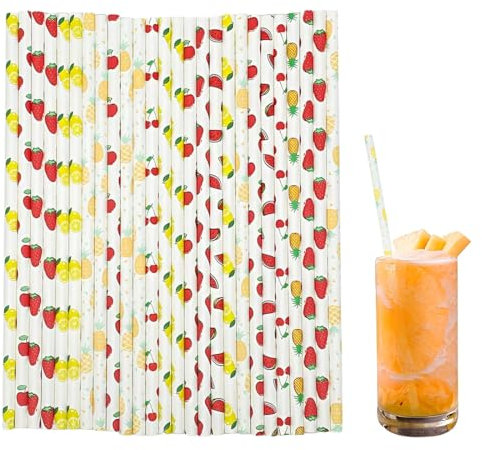 ZORVUJI 100 Pezzi Cannucce di Carta Colorate con Motivo Frutta per Feste in Giardino, Matrimoni, Compleanni, Baby Shower