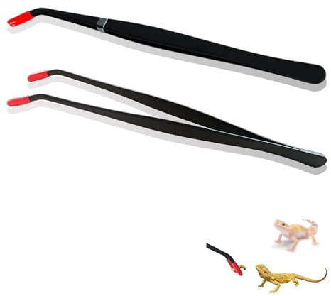 Repticircle 2 Pcs Reptile Feeding Tongs – Stainless Steel Aquarium Tweezers with Rubber Tips, Straight & Curved Long Handle for Bearded Dragons, Lizards, Snakes, Spiders & Terrarium Feeding
