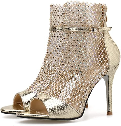 Sandali Estivi da Donna Punta Aperta Stivali con Strass Elegante Caviglia Tacchi Alti Peep Toe Sandali A Spillo Décolleté Scintillanti, Gold, 37 EU/6 US
