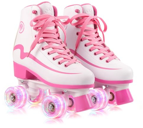 METROLLER Classic Roller Skates Girls Women's Quad Skates with Light up Wheels, High-top PU Leather Indoor Recreational Skates
