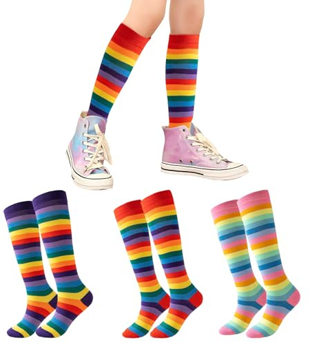 AUNGCSHE Calze Lunghe Donna, Calzini a Righe Rainbow, Calze Colorate Donna, Adatto per Costume Carnevale, Halloween, Circhi, Cosplay, Travestimento (3, Multicolore)