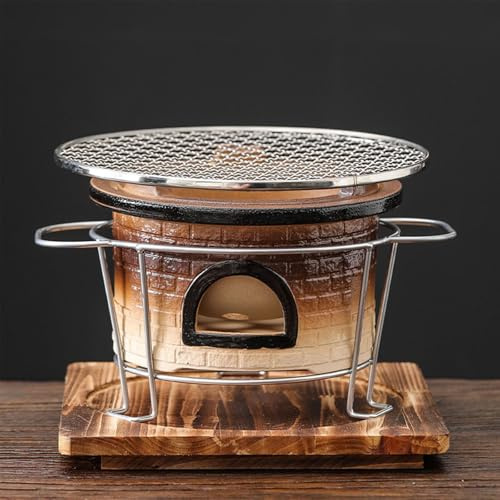 Barbecue portatile a carbonella, 20 x 12 cm, in ceramica, con accessori, griglia in argilla marrone, per campeggio, picnic, tailgating, soluzione ideale per cucinare all'aperto