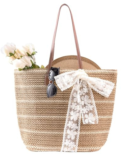 boshiho Summer Stroh Strandtasche Damen - 2026 Natürlich Geflochtene Handtasche, Groß Straw Bag Urbane Boho Trendy Beach Strohtasche für Reisen, Einkaufen, Urlaub, Pendeln (Light Brown-Beige)