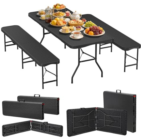 Hebitod Juego de mesa y 2 bancos de cerveza, plegable, para interior y exterior, 180 x 74 x 74 cm, mesa plegable con aspecto de ratán, mesa de jardín con asas de transporte