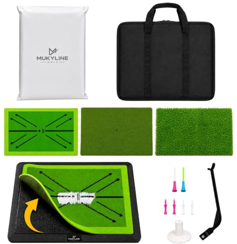MUKYLINE 3 in 1 Golf Practice Mat Set, Golf Hitting Mat with Swing Path Feedback Mat, Golf Replaceable Training Mats With Tees, Swing Training & Heavy Duty Carry Bag for Garden Indoor Outdoor Practice