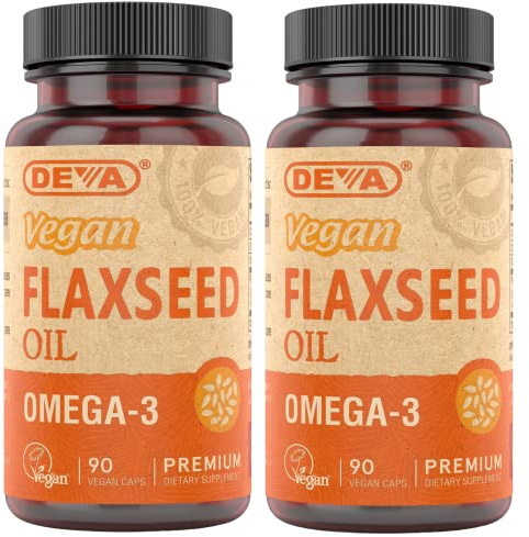 DEVA Organic Vegan Vitamins Flax Seed Oil - Rich in Omega-3, Cold-Pressed & Unrefined - 90 Capsules, 2-Pack
