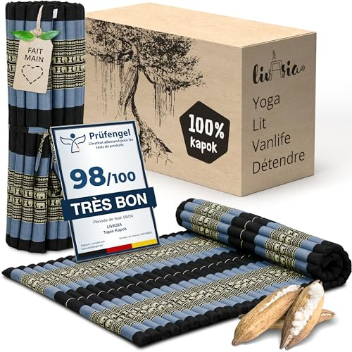 livasia roll-up mat roll-up mattress L wide comfortable - 79x43x1.8″ - Guest bed/mattress for 1 person, Travel bed for the boot outdoors, Thai mat kapok garden balcony hand made (Blue/Elephants)