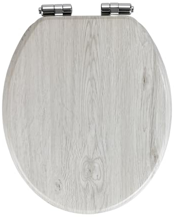 WENKO WC-Sitz Eiche Grau, Toilettensitz mit Absenkautomatik in Holz-Optik, WC-Deckel für sanftes Deckelschließen, mit Fix-Clip Hygienebefestigung, Toilettenbrille aus MDF, 35,5 x 42,5 cm, Hellgrau