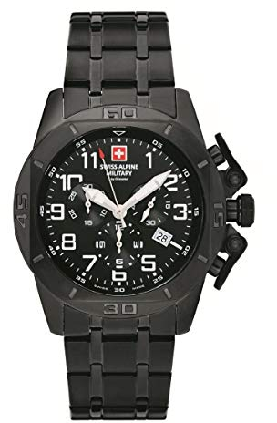 Swiss Alpine Military by Grovana Herren-Armbanduhr Chronograph 7063 Edelstahl 10 ATM, Schwarz/Weiß/Schwarz – 9177sam, Armband