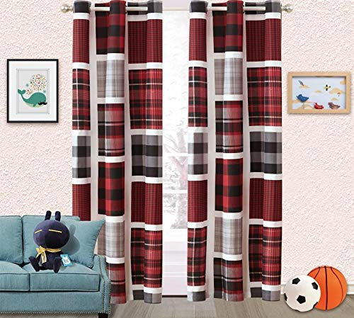 Fancy Linen 2 Panel Curtain Set with Grommets New (Plaid Patchwork Red Black Grey White)