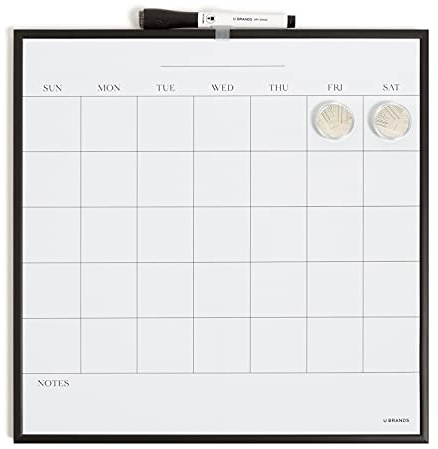 U Brands Magnetic Dry Erase Wall Calendar White Board, 14 x 14, Black Metal Frame, Includes Magnets and Marker