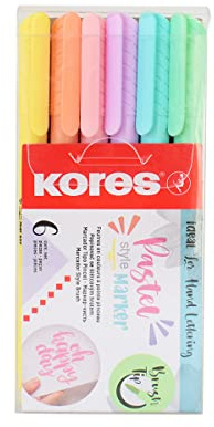 Kores - Pennarelli Brush in Colori Pastello, Punta Flessibile e Morbida a Pennello, Inchiostro a Base d'Acqua, Ideali per Realizzare Disegni, Decorazioni e il Lettering, Set da 6 Pezzi