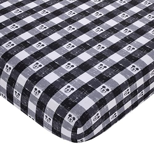 Disney Mickey Mouse - Black, White and Gray Plaid Nursery Fitted Crib Sheet