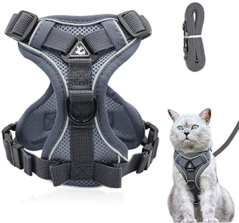 Cat Harness and Lead Set, Adjustable Kitten Harness and Lead Set with Reflective Strips Escape-Proof, Cat Vest Harness with Leash Sets for Cats Dogs Pets Walking (Grey, S)
