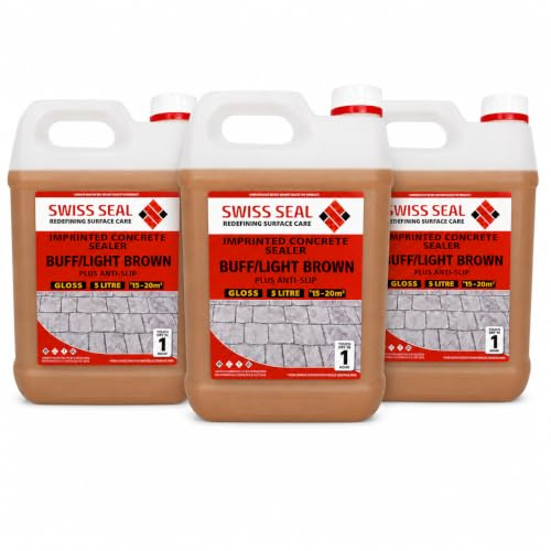Swiss Seal | BUFF/LIGHT BROWN Coloured Imprinted Concrete Sealer GLOSS FINISH + ANTI-SLIP | Colour Tinted Driveway & Patio Sealant - Wet Look | (3 x 5 Litre)