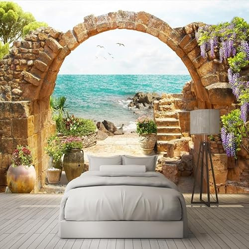 Mural De Pared Papel Tapiz Jardín Arcos De Piedra Vista Al Mar Papel Tapiz Fotográfico 3D Para Sala De Estar Sofá Dormitorio Telón De Fondo Grandes Murales （W） 360×（H） 230CM