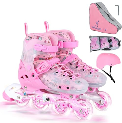 VEZLOPUS Inline Skates, Adjustable Children Inline Skates with Light up Wheels for Kids, Girls, Boys, Teens, Beginner & Advance | with Protective Gears and Carry Bag (Pink)