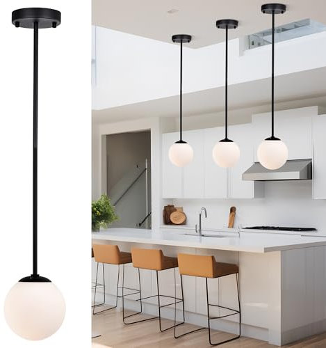 Alighting LED Black Globe Pendant Light with 5.9 Opal Glass Shade, Adjustable Height Mid Century Glass Pendant Lights for Kitchen Island, Dining Room, Bar Counter, Hallway, Entryway
