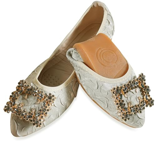 YOUNIFIZ Ballerine da donna morbide a punta alla moda fibbia scarpe da sposa pieghevoli scintillanti comfort slip on ballerine da passeggio, Albicocca, 40 EU
