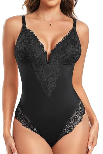 Tuopuda Body Moldeador Mujer Bodies Reductor Adelgazante Tanga Escote V de Encaje con Almohadillas extraíbles Faja Control de Abdomen Shapewear Posparto(Negro,XL)