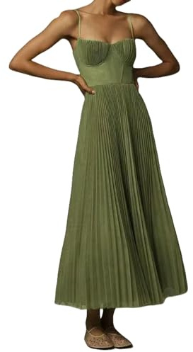LZROPC Damklänning, korsettklänning för kvinnor, elegant spagettirem, bustier, midiklänning, lågskuren flödande veckad fåll, formell klänning med grön-XL