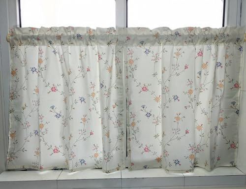 A.Monamour Tenda Corta per Finestra Piccola Rustico Cotone Opaco Beige Botanico Floreale Tenda a Pannello a Vetro da Cucina Bistrot Caffè Mezza Mantovana Tendina
