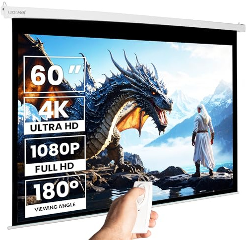 Pantalla de proyeccion motorizada para proyector, cajetin de Acero Lacado en Blanco, Pantalla para proyector electrica con Mando inalambrico, Auto Enrollable, Compatible con 4K (60 Pulgadas 16:9 Pro)