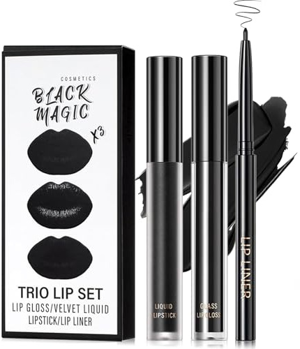 3Pcs Black Matte Liquid Lipstick & Lip Liner Set, Long Lasting Liquid Lipstick Kit with Non-Stick Cup Lip Gloss, Black Lipliner for Goth Makeup