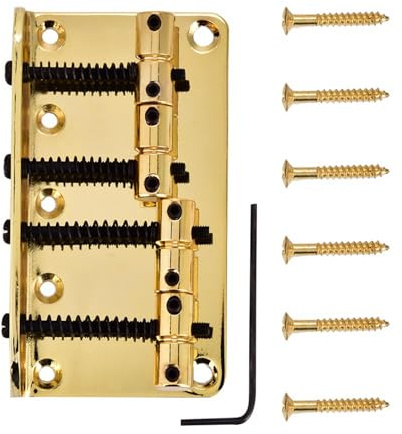 Ponte per basso professionale a quattro corde in metallo, ponte per basso elettrico a 4 corde, ponte per basso di precisione con viti e chiave esagonale, design robusto e solido (Oro)