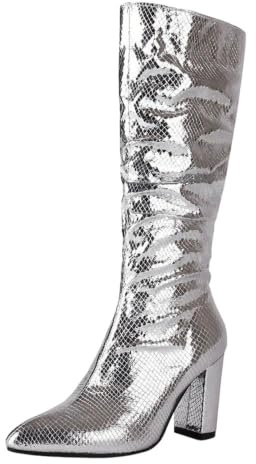 Botas altas hasta la rodilla con purpurina para mujer, puntera puntiaguda, botas de tacón alto, Silver, 40.5 EU