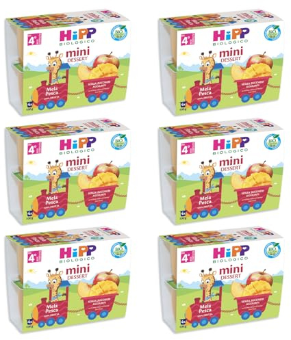HiPP - Nuovi Mini Dessert, Frutta Grattugiata Bio, Gusto Mela e Pesca,Confezione da 24 Vasetti da 100 g