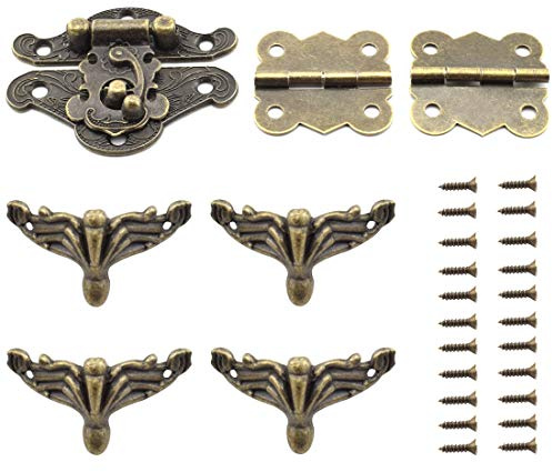 SDTC Tech Antique Bronze Buckle Latch and Butterfly-Shape Hinge and Bracket Feet Retro Furniture Decoration Fitting Kit for Jewelry Box Cabinet Wooden Storage Case (1 Hasp Catch + 2 Hinges + 4 Legs)