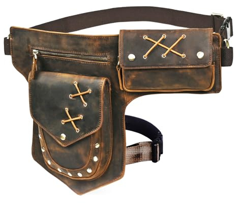 Handadsume Tela Resistente All'acqua + Vera Pelle Moto Equitazione Travel Coscia Borsa per Gambe Marsupio in Vita Per Gli Uomini Donne FB211-8 (100% Vera Pelle-A-Marrone)
