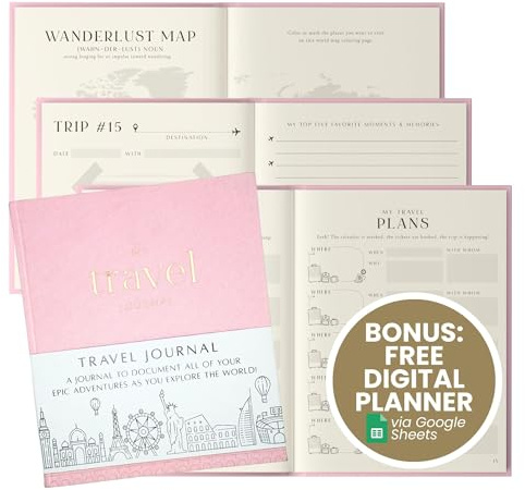 Inspired Ink Travel Journal for Women and Men Travel Bucket List Journal 210 Pages Traveler Adventure Notebook – Itinerary Planner Organizer & Traveling Memory Diary Memorial Gift for Travelers - Pink