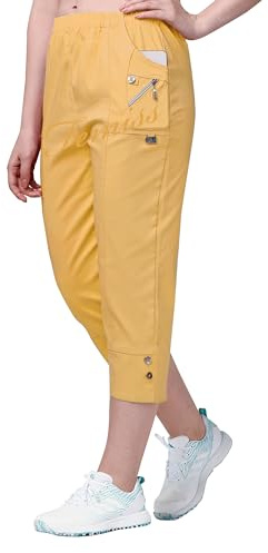 femiss Cropped Trousers for Women | 3/4 Length Pull-On Capri Pants with Elastic Waist | Lightweight Stretch Cotton | Dual Pockets | Ladies Cropped Trousers, Plus Size Summer Pants (Mustard, 16)
