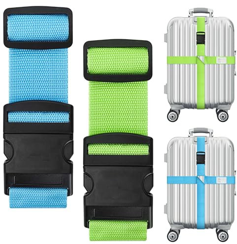 Koffergurt Kofferband, 2 Stück Kofferbänder 420cm+420cm Kofferband Gurt, Verstellbare Kofferband Auffällig, Koffergurt Kreuzgurt mit Adressschild Koffer Zubehör für Koffer Gepäck Reisetasche