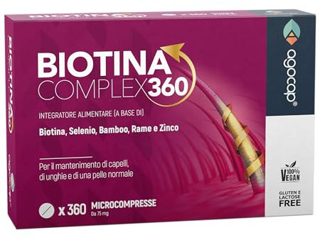 BIOTINA CAPELLI - Formula di Ricrescita 360°, Integratori per capelli con Biotina, Selenio e Zinco. Biotina Vitamine capelli, unghie e pelle. Azione di ricrescita e anticaduta per donna uomo