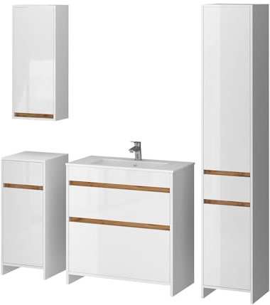 Vicco Badmöbel-Set Weiß Hochglanz/Goldkraft Eiche Detmold, bestehend aus Waschbeckenunterschrank, Waschbecken, Hängeschrank, Hochschrank, Midischrank - mit Praktische Aufbewahrung