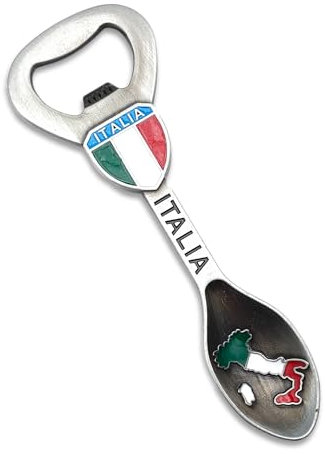 Magnetischer Flaschenöffner in Löffelform - Metallkorkenzieher für Kronkorken mit italienischem dreifarbigem Design - Flagge Schriftzug Stiefel - 12 cm für Haus Bar und Geschenk (Silber)