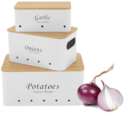 Potatisförvaring, uppsättning av 3 potatis-förvaringslådor med lock | Köksförvaring och organisation, grönsaksförvaring för potatis, lök och vitlök (vit)