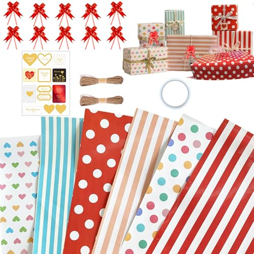 Papel de Regalo 6 Hojas 70x50cm Cumpleaños Resistente Reciclado con Etiqueta Cuerda de Yute Cinta Adhesiva Decorado Día De Fiesta Baby Shower Kraft Ideal para Niños Familia Amigos