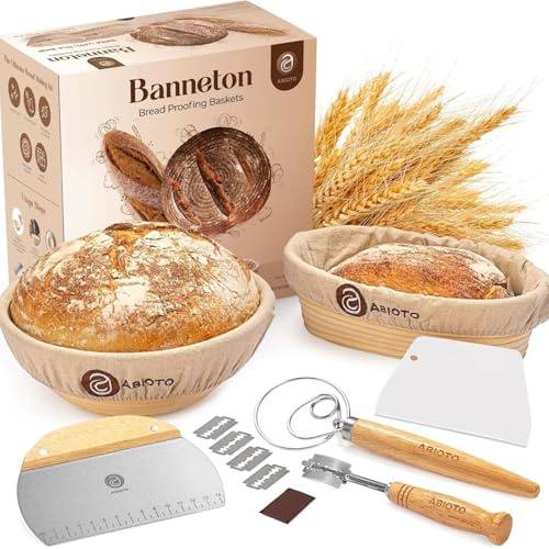 14-Piece Proofing Basket Bread Set, Bread Proofing Basket Made of Wicker for Baking Bread, 2 Proofing Baskets for Bread with Cloth Covers, Wooden Handle Scraper, Baker's Knife, Flour Mixer