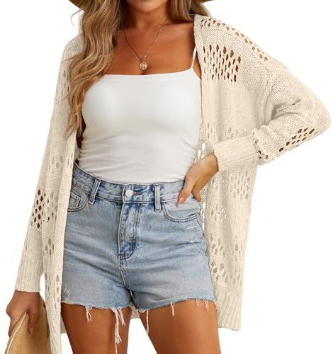 GRECERELLE – Cardigan crochet pour femme, léger, à manches longues, ouvert sur le devant, pour la plage, protection solaire, vêtement de plage pour l’été, beige, L