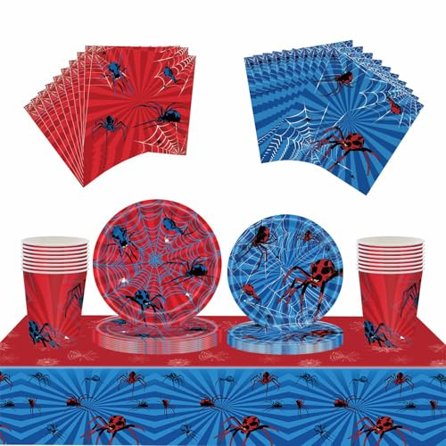 69Pcs Red Blue Spider Birthday Party Tableware Decorations ,Table Cloth,7inch 9inch Paper Plates,Paper Napkins and Cups for Boy Kids Birthday Favors