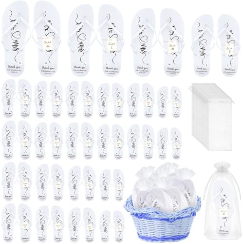 MALLOOM Lot de 24 Paires de Tongs de Mariage – Sandales Tongs pour Femmes avec Cartes de Taille et Sacs à Cordon (Blanc, Adulte, Petit, Alpha/lettres, Système Taille Chaussures EU, Moyen)